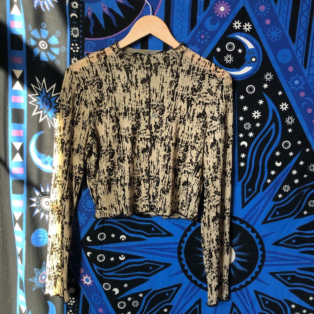 Lettuce Trim Mock Neck Mesh Long Sleeve